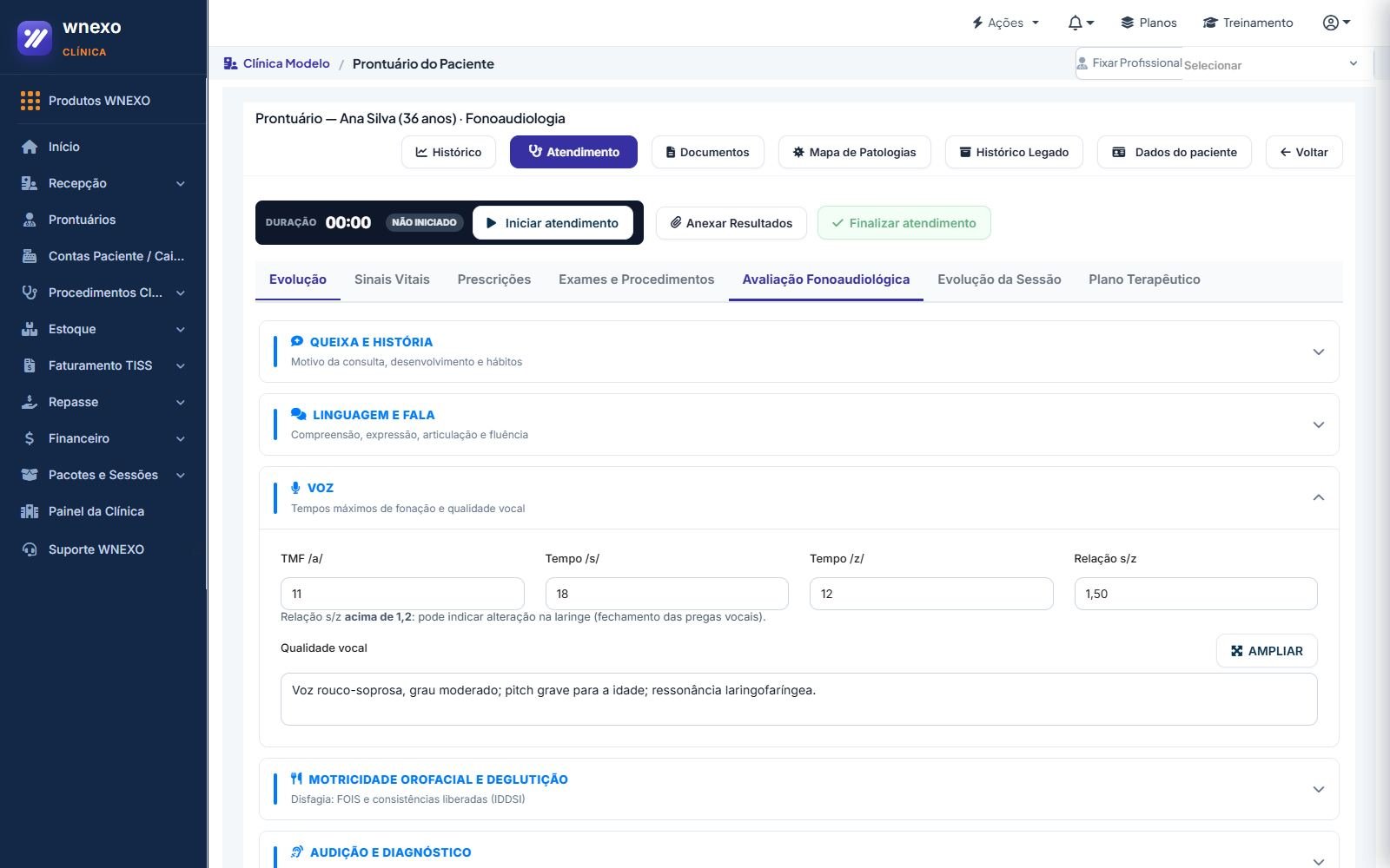 Prontuário de Fonoaudiologia no WNEXO — aba Avaliação fonoaudiológica