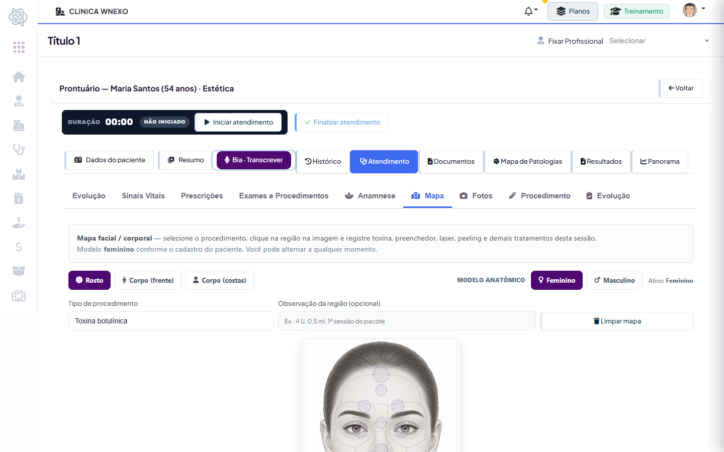 Prontuário de Estética WNEXO - Mapa Facial